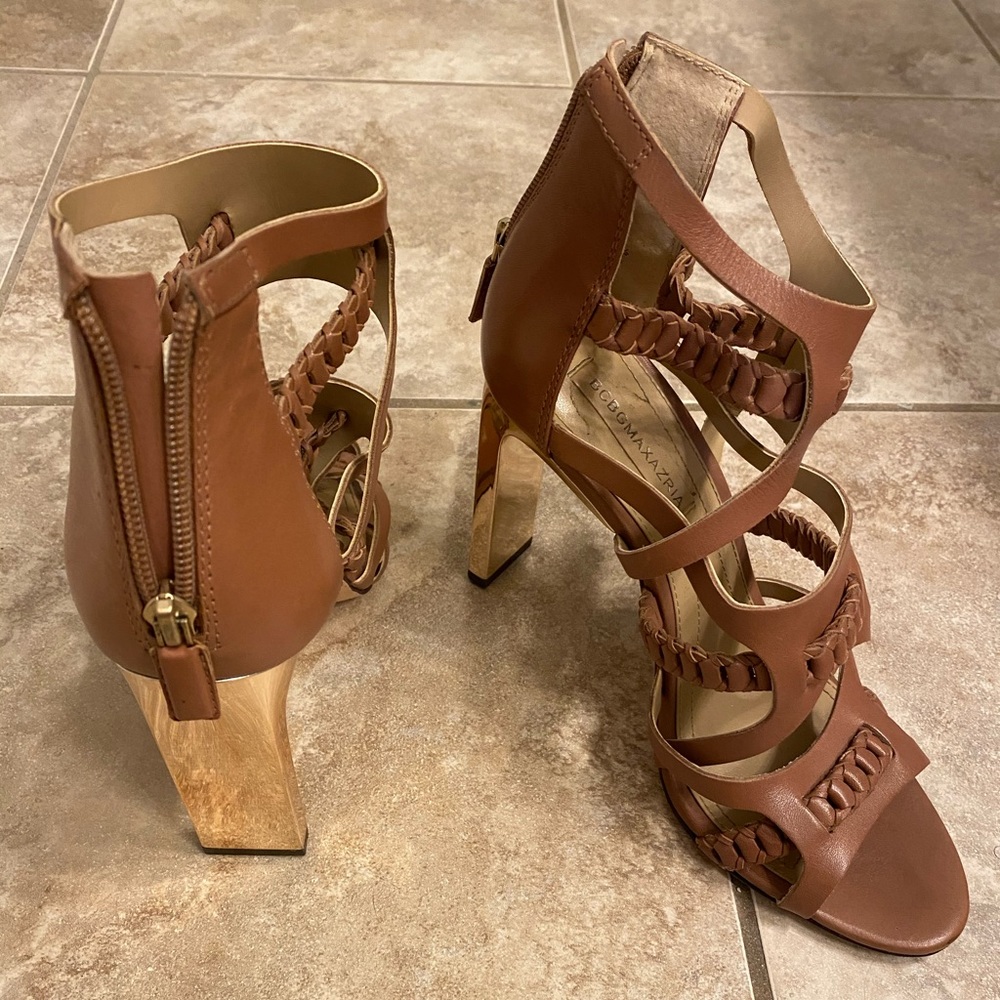 BCBG Camel Colored Gold Block Heel